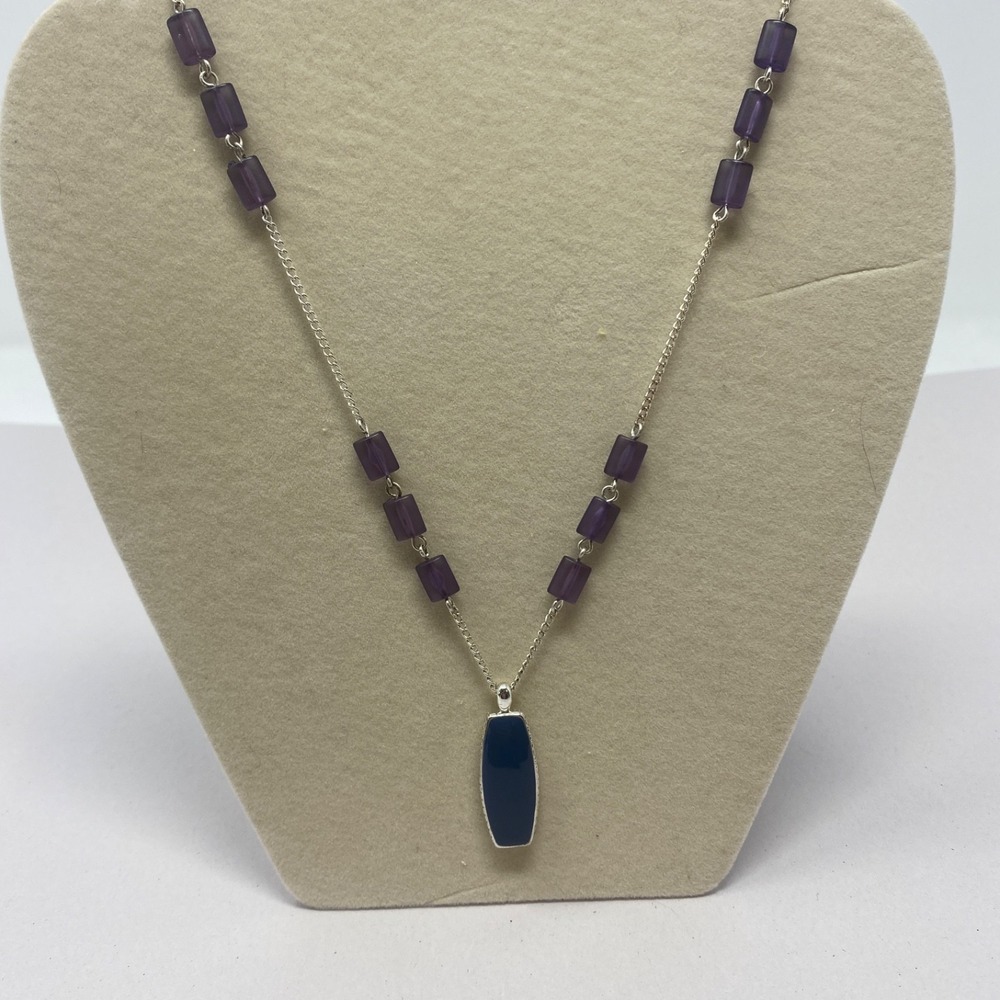 FI‎ Marked Silver Tone Necklace Purple Beads Blue Cabochon Pendant 20" READ